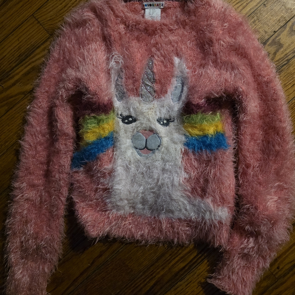 Girls' Pink Fuzzy Llama Crewneck Sweater by OVERSATZ